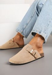 Ciemnobeżowe Klapki w Stylu Chodaków z Klamrami Lilamira. Brązowe klapki Born2be, z aplikacjami, ze lnu, bez obcasa, na płaskiej podeszwie. Za 54.99 zł.
