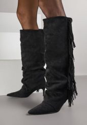 Czarne Kozaki Boho na Szpilce z Frędzlami Mevellana. Czarne kozaki Born2be, z jeansu, bez obcasa, na obcasie, bez zapięcia. Za 189.99 zł.