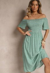 Zielona Bawełniana Sukienka Hiszpanka o Rozkloszowanym Kroju w Kwiaty Sadique. Zielone sukienki Renee, na co dzień, na lato, l, bez wzorów, z bawełny, eleganckie, bez kołnierzyka, bez ramiączek, midi, rozkloszowane. Za 39.99 zł.