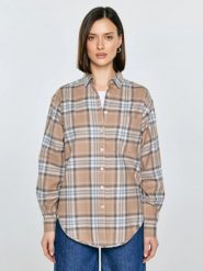 Koszula damska flanelowa w kratę beżowa Notina 801. Brązowe koszule Big Star, l, bez wzorów, z tkaniny, klasyczne, z asymetrycznym kołnierzem, bez ramiączek. Za 229.99 zł.