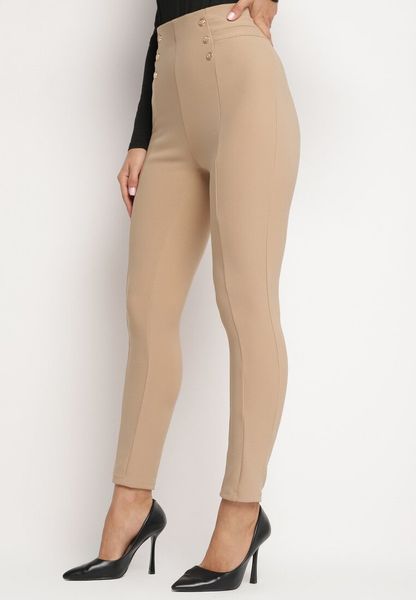 Beżowe Bawełniane Legginsy z Wysokim Stanem i Ozdobnymi Guzikami Rielina. Brązowe legginsy Born2be, l, bez wzorów, z bawełny, z podwyższonym stanem. Za 24.99 zł.