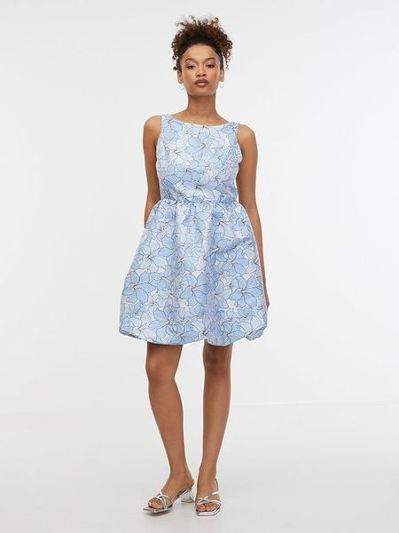 Orsay Sukienka w kolorze błękitno-białym rozmiar: 36. Niebieskie sukienki Orsay, bez wzorów, bez kołnierzyka, bez ramiączek, mini, rozkloszowane. Za 100.28 zł.