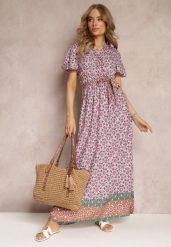 Różowa Sukienka Maxi z Paskiem i Gumką w Talii w Ornamentalny Wzór Calvim. Czerwone sukienki Renee, l, bez wzorów, bez kołnierzyka, bez ramiączek, maxi. Za 69.99 zł.
