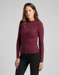 DAMSKA KOSZULKA LEE HIGH NECK LS RIB TEE RED OCHRE L44DPHOE 112109823. Brązowe bluzki Lee, l, bez wzorów, bez kołnierzyka, bez ramiączek. W wyprzedaży za 49.99 zł.