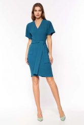 Elegancka Sukienka Wiązana w Pasie - Lazurowa. Niebieskie sukienki Nife, xl, bez wzorów, z elastanu, eleganckie, bez kołnierzyka, bez ramiączek. Za 237.90 zł.