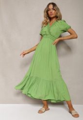 Jasnozielona Boho Sukienka z Bawełny o Kopertowym Fasonie Rissatina. Zielone sukienki Renee, do pracy, s, bez wzorów, z bawełny, biznesowe, bez kołnierzyka, bez ramiączek, midi, kopertowe. Za 39.99 zł.