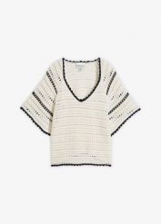 Sweter ażurowy z lnem. Białe swetry bonprix, na wiosnę, w ażurowe wzory, z bawełny, bez ramiączek. Za 127.99 zł.