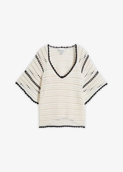 Sweter ażurowy z lnem. Białe swetry bonprix, na wiosnę, w ażurowe wzory, z bawełny, bez ramiączek. Za 127.99 zł.