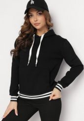 Czarna Bawełniana Bluza z Kapturem i Ściągaczami w Paski Nempis. Czarne bluzy Born2be, na zimę, bez wzorów, z bawełny, z kapturem. Za 99.99 zł.
