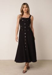 Czarna Letnia Sukienka na Ramiączkach w Stylu Safari z Wiskozą i Dodatkiem Lnu Enotea. Czarne sukienki Born2be, na co dzień, na lato, l, bez wzorów, ze lnu, eleganckie, bez kołnierzyka, bez ramiączek, maxi, dopasowane. Za 179.99 zł.