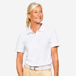 Koszulka polo do golfa z krótkim rękawem damska Inesis MW500. Białe koszulki polo INESIS, m, bez wzorów, z bawełny, bez kołnierzyka, bez ramiączek. Za 59.99 zł.