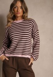 Różowy Oversizowy Sweter w Paski z Domieszką Wełny i Wiskozy Tidania. Czerwone swetry Renee, bez wzorów, z dzianiny, bez ramiączek. Za 139.99 zł.