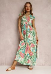 Zielona Sukienka Dilney. Zielone sukienki Renee, l, z aplikacjami, z tkaniny, boho, bez kołnierzyka, bez ramiączek, maxi, kopertowe. Za 49.99 zł.
