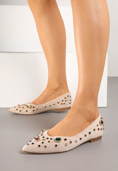 Ciemnobeżowe Balerinki Ozdobione Kolorowymi Kamykami Ulianisea. Brązowe baleriny Born2be, z aplikacjami, z jeansu, bez obcasa. Za 89.99 zł.