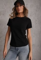 Czarny T-shirt z Bawełny z Okrągłym Dekoltem Nedima. Czarne t-shirty Renee, m, bez wzorów, z bawełny, bez kołnierzyka, bez ramiączek. Za 39.99 zł.