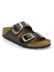 Birkenstock Klapki "Arizona Big Buckle" w kolorze czarnym rozmiar: 39. Czarne klapki Birkenstock, bez wzorów, z otwartym noskiem, bez obcasa. Za 419.95 zł.