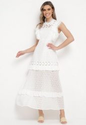 Biała Sukienka Maxi Rozkloszowana z Ażurowym Wzorem Saitha. Białe sukienki Born2be, m, w ażurowe wzory, z tkaniny, eleganckie, bez kołnierzyka, bez ramiączek, maxi, rozkloszowane. Za 189.99 zł.
