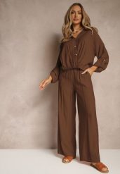 Brązowy Komplet z Wiskozy w Stylu Oversize Szerokie Spodnie i Luźna Koszula na Guziki Natinne. Brązowe koszule Renee, bez wzorów, z wiskozy, biznesowe, bez kołnierzyka, bez ramiączek. Za 179.99 zł.