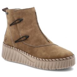 Botki damskie Rieker o sznurowanym fasonie z ocieplanym wnętrzem miękkim kołnierzem i lekką elastyczną podeszwą beżowe, L5603-60 Beige. Brązowe botki Rieker, bez wzorów, bez obcasa, bez zapięcia. Za 399.00 zł.