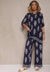 Granatowy Komplet Oversize w Stylu Rustykalnym Długa Koszula i Szerokie Spodnie Mepilara. Niebieskie koszule Renee, m, bez wzorów, eleganckie, bez kołnierzyka, bez ramiączek. Za 129.99 zł.