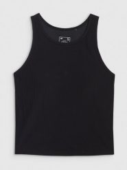 4F Top slim z prążkowanej dzianiny damski - czarny XS. Czarne topy 4f, xs, bez wzorów, z dzianiny, bez kołnierzyka, bez ramiączek. Za 89.99 zł.
