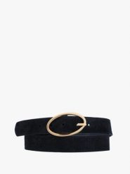 Czarny pasek ze złotą klamrą. Czarne paski Ryłko, bez wzorów, ze skóry, eleganckie. Za 129.99 zł.