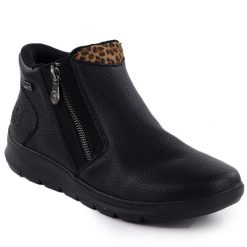 Wodoodporne botki damskie czarne Rieker Z0059-00. Czarne botki Rieker, bez wzorów, ze skóry ekologicznej, bez obcasa, bez zapięcia. Za 379.00 zł.