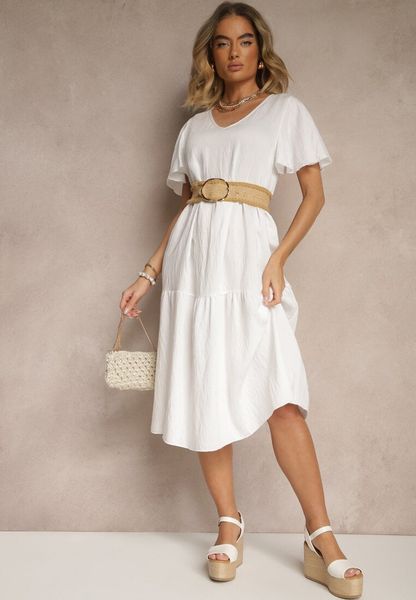 Biała Rozkloszowana Sukienka z Wiskozy z Dekoltem w Serek Natasella. Białe sukienki Renee, do pracy, l, bez wzorów, z wiskozy, biznesowe, bez kołnierzyka, bez ramiączek, midi, rozkloszowane. Za 69.99 zł.