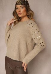 Beżowy Sweter z Bawełną i Cekinami Ceala. Brązowe swetry Renee, s, z aplikacjami, z bawełny, bez ramiączek. W wyprzedaży za 95.99 zł.