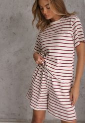 Czerwono-Białe Casualowe Szorty High Waist w Prążki z Bawełnianej Tkaniny Lennliss. Białe szorty Renee, bez wzorów, z bawełny, casualowe, z podwyższonym stanem. Za 59.99 zł.