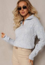 Jasnoniebieski Sweter z Dekoltem w Serek i Ozdobnym Splotem Travissa. Niebieskie swetry Renee, bez wzorów, ze splotem, bez ramiączek. Za 99.99 zł.