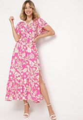 Różowa Wiskozowa Rozkloszowana Sukienka z Ozdobnym Wiązaniem i Koronkową Tasiemką z Gumką w Pasie Lalmarie. Czerwone sukienki Born2be, do pracy, l, z aplikacjami, z koronki, biznesowe, bez kołnierzyka, bez ramiączek, maxi, rozkloszowane. Za 89.99 zł.