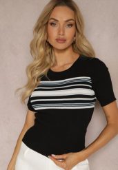 Czarna Casualowa Bluzka z Nadrukiem w Paski z Prążkowanego Materiału Dniasa. Czarne bluzki Renee, m, bez wzorów, z jeansu, eleganckie, bez kołnierzyka, bez ramiączek. W wyprzedaży za 59.49 zł.