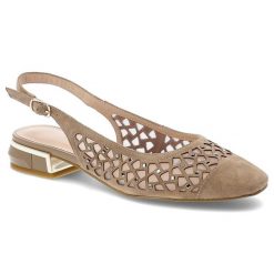 Sandały damskie S.Barski, ze skóry naturalnej z ażurową cholewką i niskim ozdobnym obcasem, beżowe, CR61-3019. Brązowe sandały S.BARSKI, w ażurowe wzory, ze skóry, eleganckie, bez obcasa, na obcasie, bez zapięcia. Za 339.00 zł.