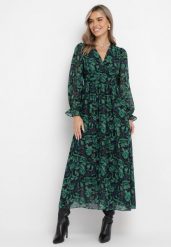 Zielono-Czarna Maxi Sukienka z Kopertowym Dekoltem w Modny Print Ceconna. Zielone sukienki Born2be, m, bez wzorów, bez kołnierzyka, bez ramiączek, maxi, kopertowe. Za 159.99 zł.