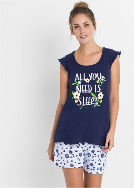 Bawełniana piżama z krótkimi spodenkami. Niebieskie piżamy bonprix, z aplikacjami, z bawełny, bez ramiączek. Za 64.99 zł.