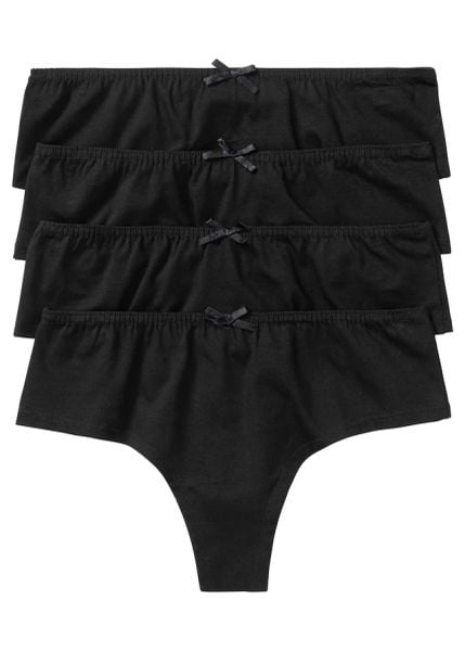 Stringi z wygodnej bawełny (4 pary). Czarne stringi bonprix, bez wzorów, z bawełny. Za 59.99 zł.