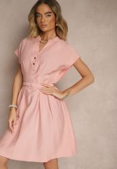 Różowa Rozkloszowana Sukienka z Wiskozy z Paskiem Zapinana na Napy Seporine. Czerwone sukienki Renee, na co dzień, l, bez wzorów, z jeansu, eleganckie, bez kołnierzyka, bez ramiączek, midi, rozkloszowane. Za 84.99 zł.