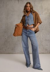 Niebieskie Jeansy Wide Leg High Waist z Bawełną i Dodatkiem Wiskozy Salithoe. Niebieskie jeansy Renee, l, bez wzorów, z podwyższonym stanem. Za 139.99 zł.