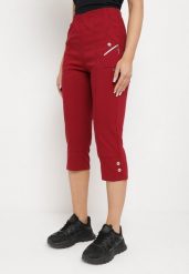 Bordowe Spodnie 3/4 z Elastyczną Gumką w Pasie i Suwakami Leazira. Czerwone spodnie materiałowe Born2be, na co dzień, l, bez wzorów, z jeansu. Za 44.99 zł.