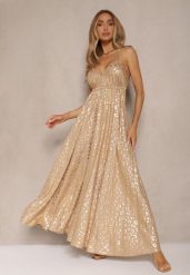 Beżowa Wiskozowa Sukienka Halter Zdobiona Metalicznym Nadrukiem w Panterkę Linaruna. Brązowe sukienki Renee, na co dzień, m, z aplikacjami, z materiału, eleganckie, bez kołnierzyka, bez ramiączek, maxi, rozkloszowane. Za 99.99 zł.
