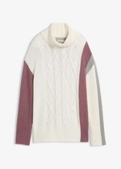 Sweter z golfem. Białe golfy bonprix, bez wzorów, bez ramiączek. Za 139.99 zł.