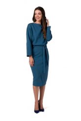 Dzianinowa Sukienka Midi z Paskiem - Morska. Zielone sukienki MOE, l, bez wzorów, z bawełny, bez kołnierzyka, bez ramiączek, midi. Za 384.90 zł.