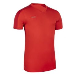 Koszulka piłkarska z krótkim rękawem Kipsta Essential. Niebieskie bluzki KIPSTA, l, bez wzorów, z materiału, sportowe, bez kołnierzyka, bez ramiączek. Za 29.99 zł.