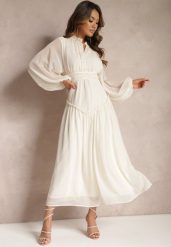 Jasnobeżowa Elegancka Sukienka w Stylu Vintage z Powlekanymi Guzikami i Marszczeniami Lefandia. Brązowe sukienki Renee, na imprezę, l, bez wzorów, eleganckie, bez kołnierzyka, bez ramiączek, maxi. Za 99.99 zł.