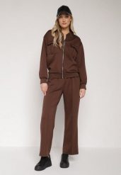 Brązowy Bawełniany Komplet Dresowy Bluza na Suwak i Spodnie Tevrisa. Brązowe bluzy sportowe Born2be, l, bez wzorów, z bawełny, bez kaptura. Za 189.99 zł.