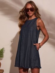 Milan Kiss Sukienka dżinsowa w kolorze granatowym rozmiar: XL. Niebieskie sukienki Milan Kiss, xl, bez wzorów, z bawełny, bez kołnierzyka, bez ramiączek, mini. Za 180.06 zł.