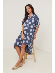 Le Monde du Lin Lniana sukienka w kolorze granatowo-białym rozmiar: 34/36. Niebieskie sukienki Le Monde du Lin, bez wzorów, ze lnu, z asymetrycznym kołnierzem, bez ramiączek, midi, asymetryczne. Za 173.99 zł.