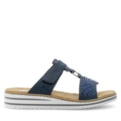 Klapki Rieker. Niebieskie klapki Rieker, bez wzorów, bez obcasa. Za 299.99 zł.