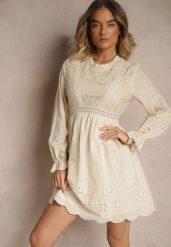 Beżowa Rozkloszowana Sukienka w Rustykalnym Stylu Zdobiona Haftem Iffesa. Brązowe sukienki Renee, na co dzień, l, z aplikacjami, eleganckie, bez kołnierzyka, bez ramiączek, mini, rozkloszowane. Za 119.99 zł.